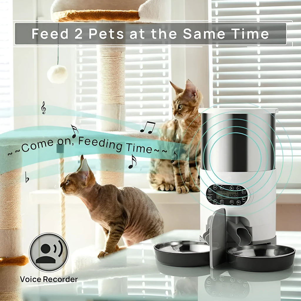 Automatic pet feeder with stainless steel bowl, 3L or 4.5L capacity, button or WiFi control and double meal option