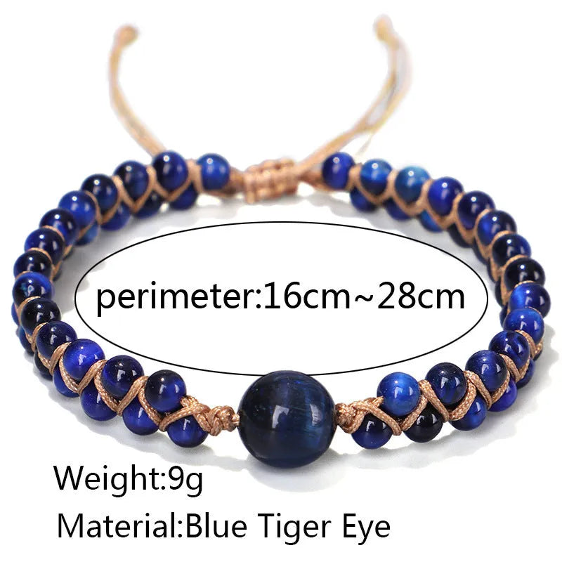 Hand-woven geometric pull bracelet made from blue Tigereye stone beads with an adjustable slip knot.
