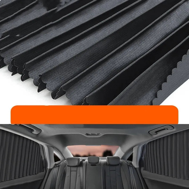 Retractable car sun curtain in opaque cloth extended across vehicle window
