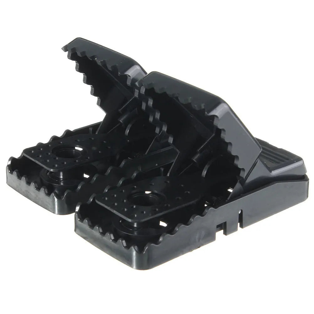 Pack of six black plastic mousetraps showing snapping mechanism and measurements