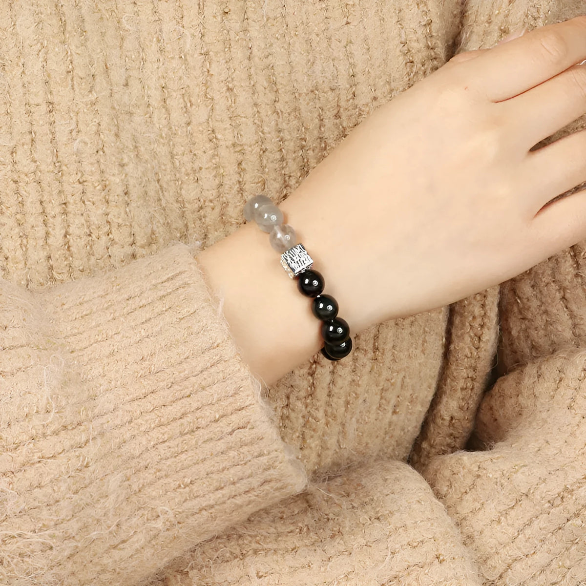 Couple crystal bracelet set with 10mm geometric design in khaki colour