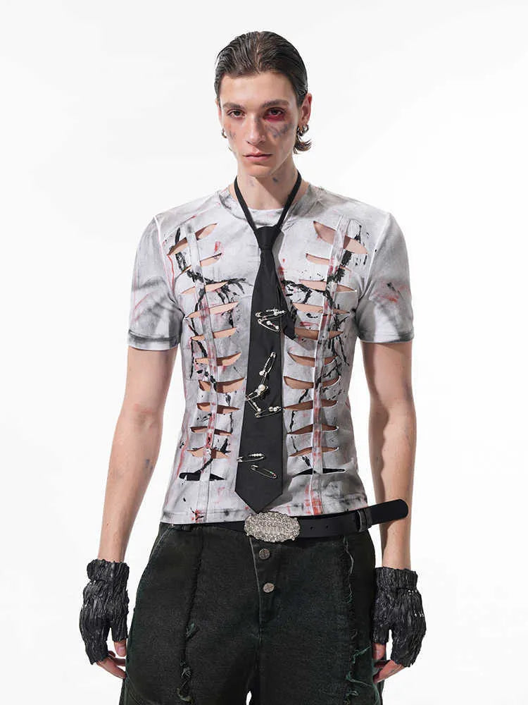 White men's cotton t-shirt with hollow-out cut design on chest, showing short sleeves and round neck.