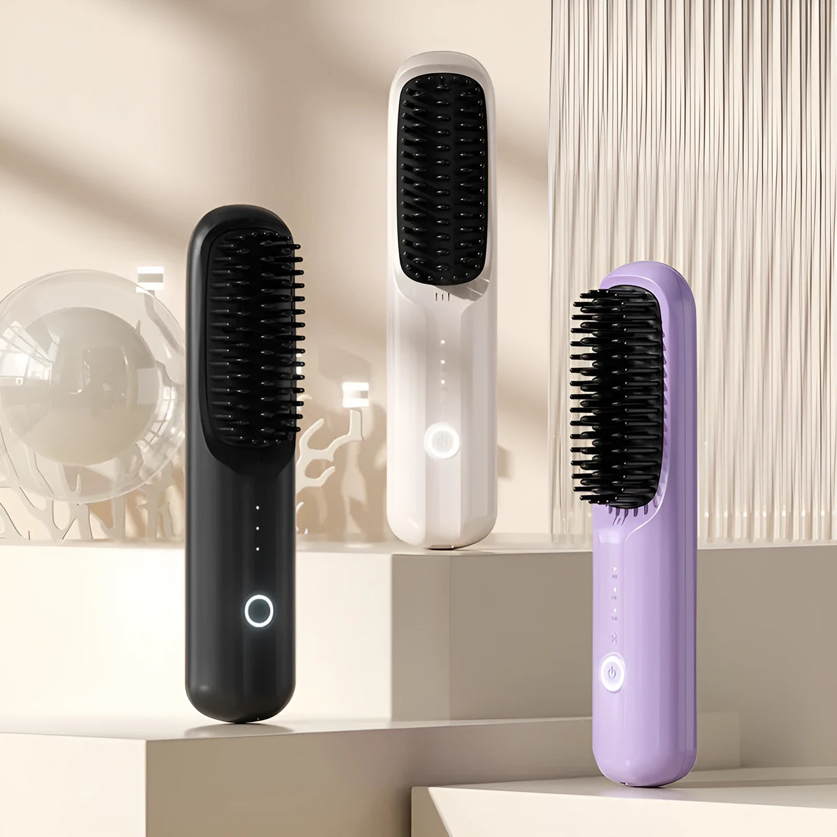 Anion wireless hair straightening comb in beige, black, pink, or purple colours with Type-C charging port.