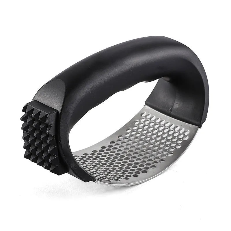 304 stainless steel garlic press in four colour options showing modern design and compact 11 by 7cm dimensions