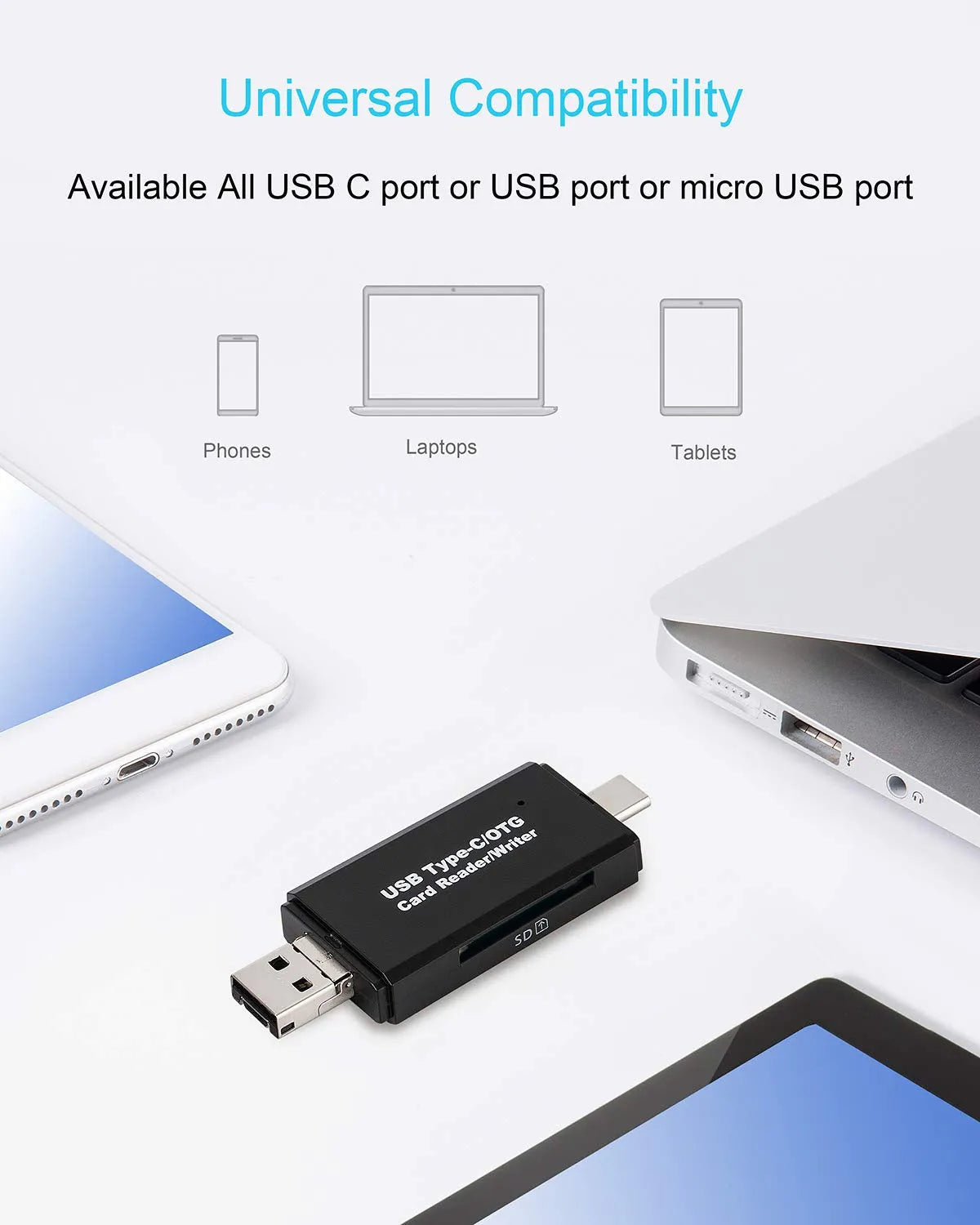 Black USB 3.0 memory card reader for SD and TF cards with USB-C connector