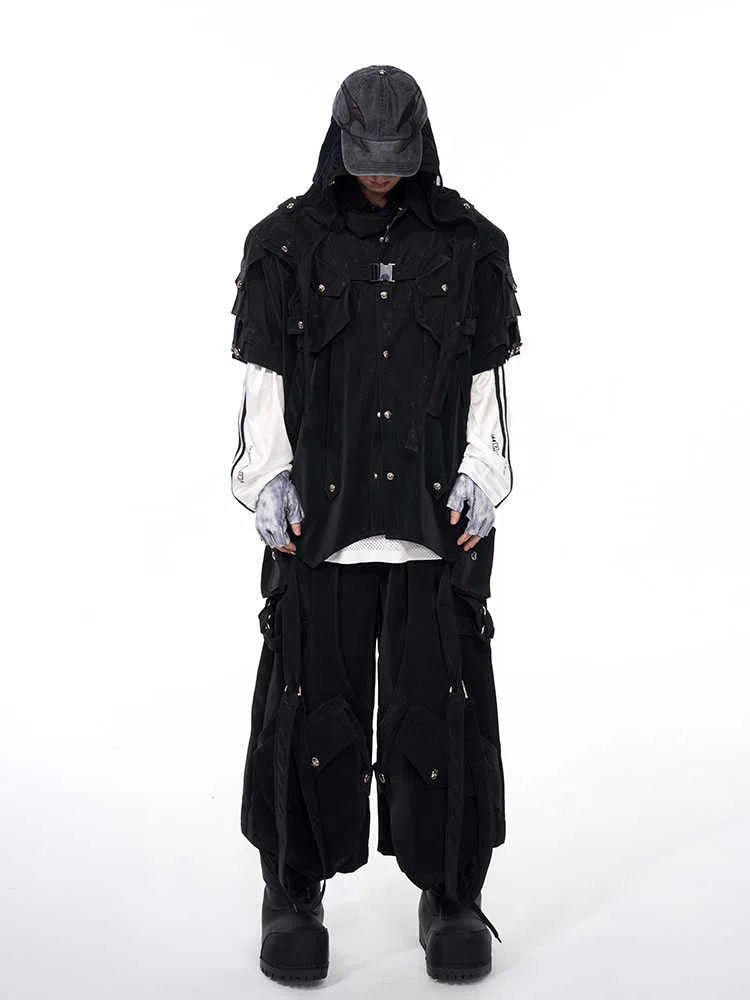 Men's black short sleeve bandage jacket with loose fit, lapel neckline, single-breasted placket, sizes S to XL.