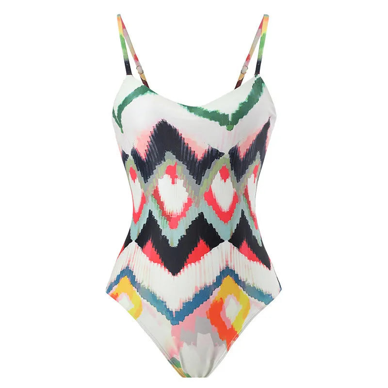 Women's two-piece beach swimsuit with matching hip skirt in striped gradient pattern