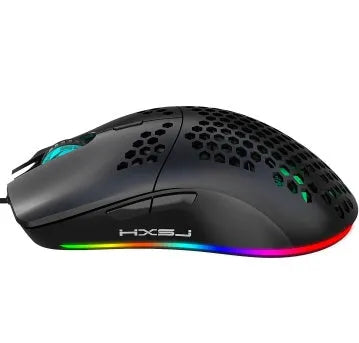 J900 honeycomb shell gaming mouse with RGB lighting on a desk