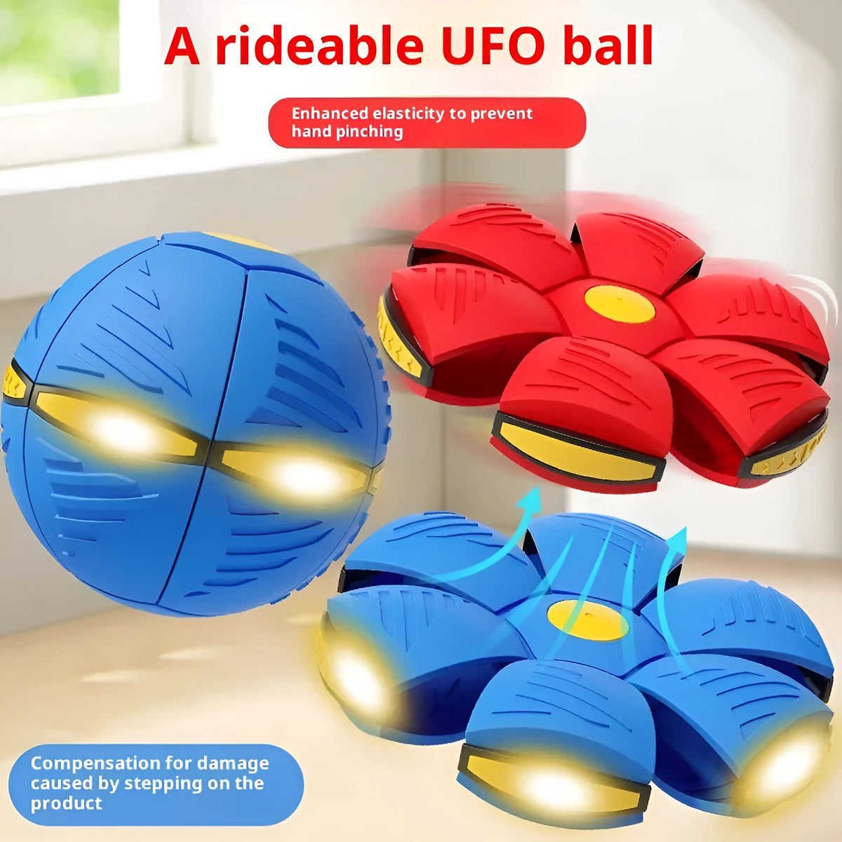 UFO deformation toy ball in maca blue, maca pink, red, blue, green or pink with six or three lights