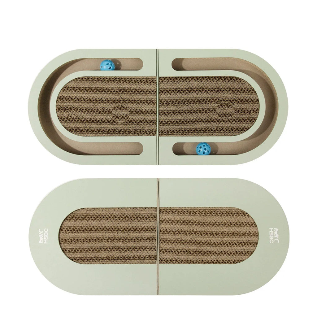 Green folding corrugated paper cat grab board with ball, L660 x W300 x H42mm, Japanese style cat scratcher
