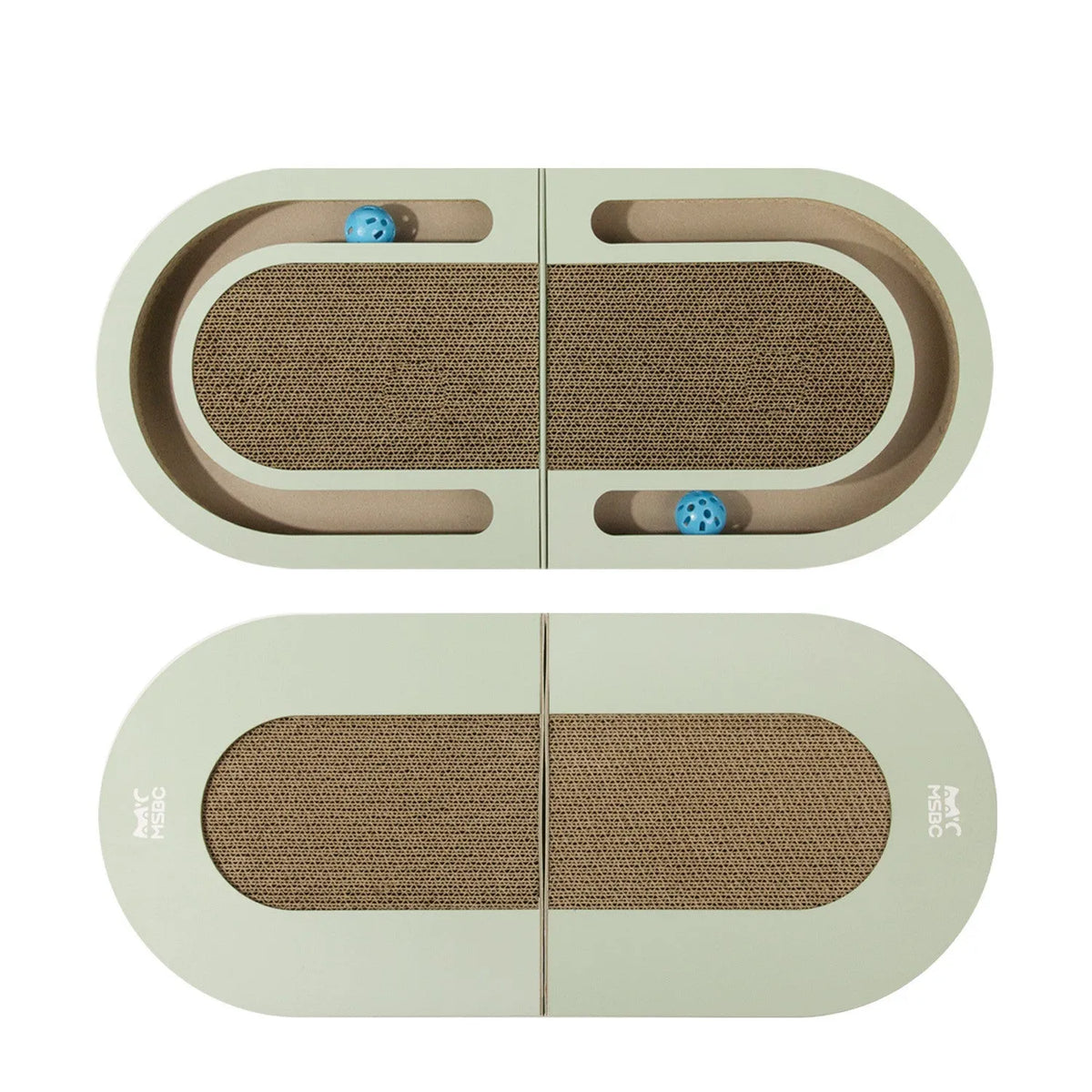 Green folding corrugated paper cat grab board with ball, L660 x W300 x H42mm, Japanese style cat scratcher