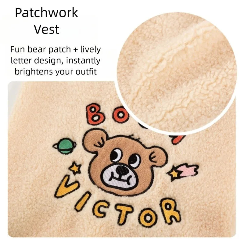 Beige Sherpa dog vest with bear pattern for large dogs on a grey background