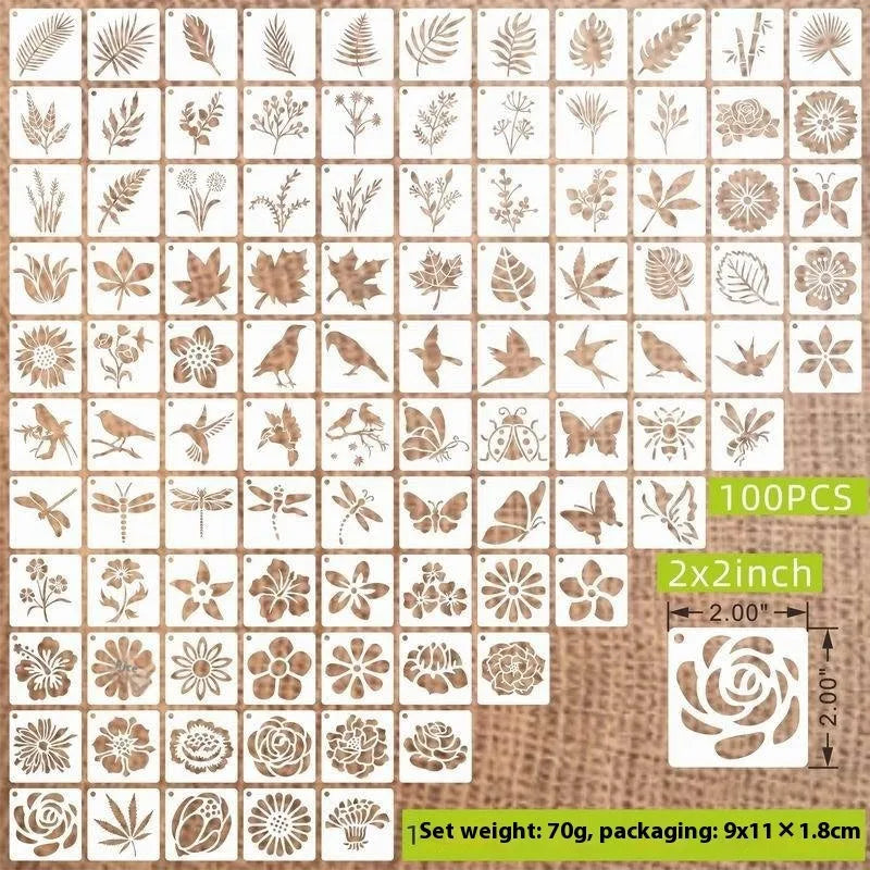Milky white PET film spray painting stencil sheets with hollow-cut animal, flower, letter, and mandala designs.
