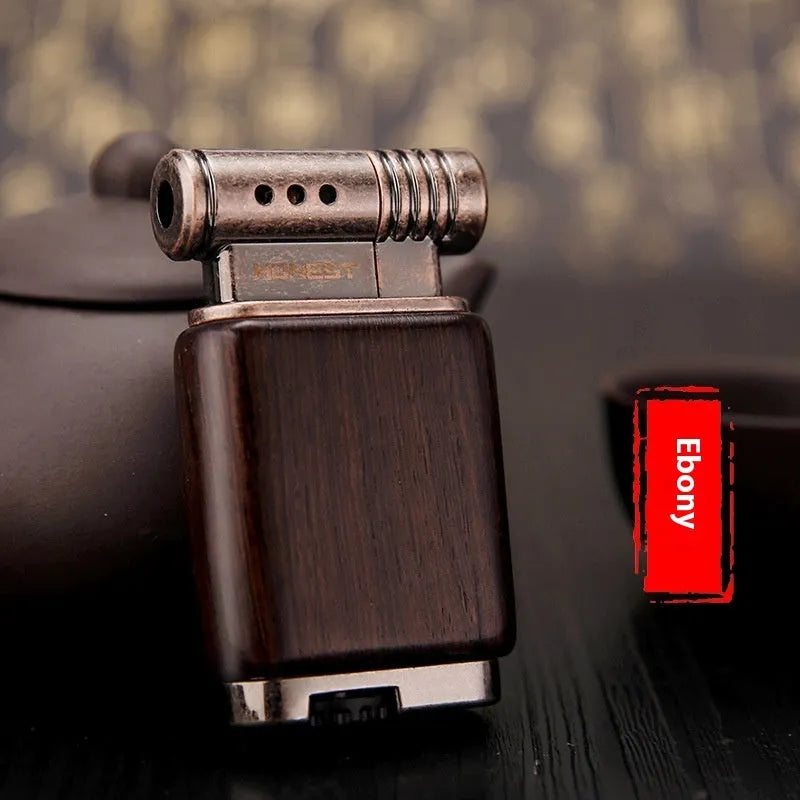 Decorative metal gas lighter with black wood finish and rosewood good luck designs