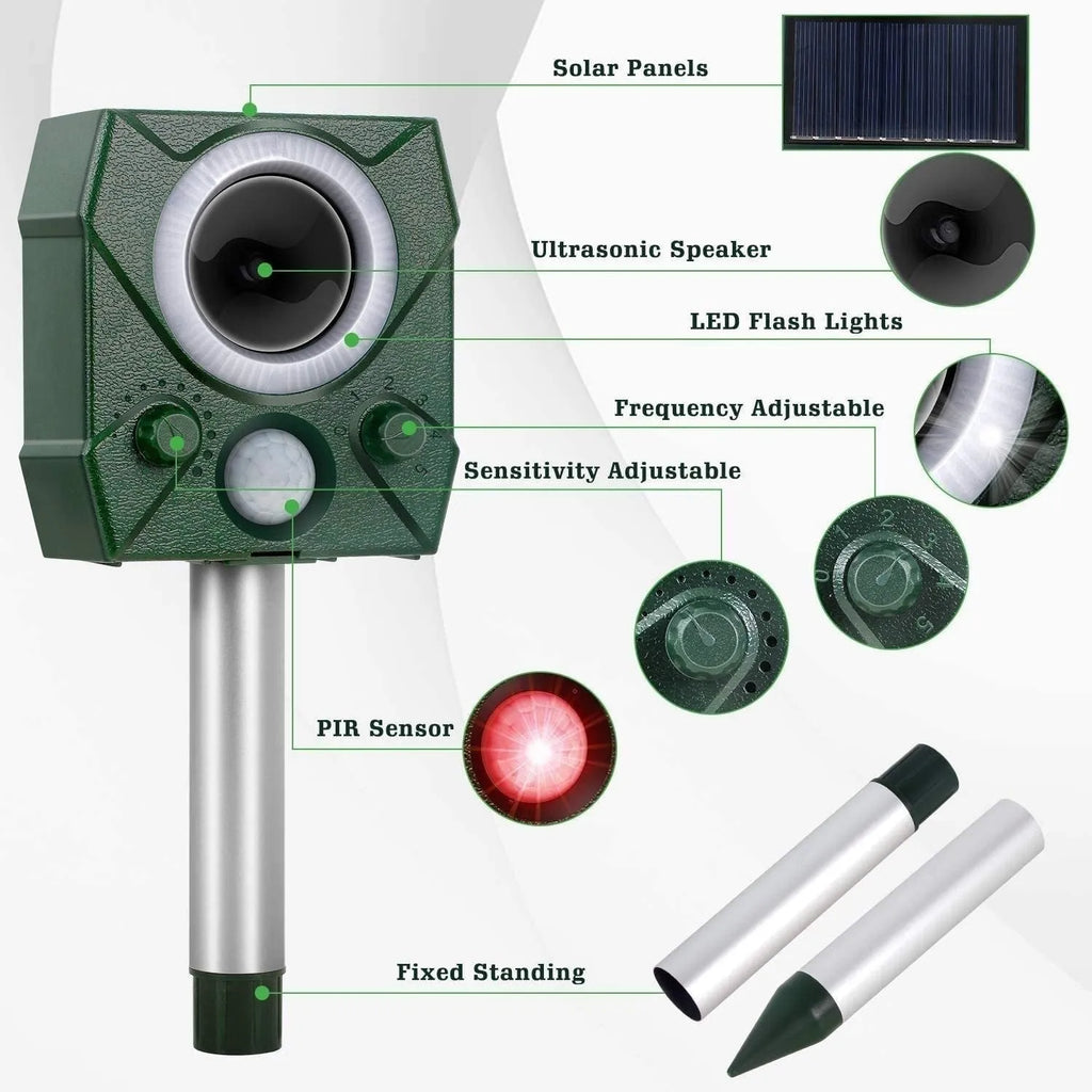 Ultrasonic solar bird repeller with ABS housing in outdoor garden setting