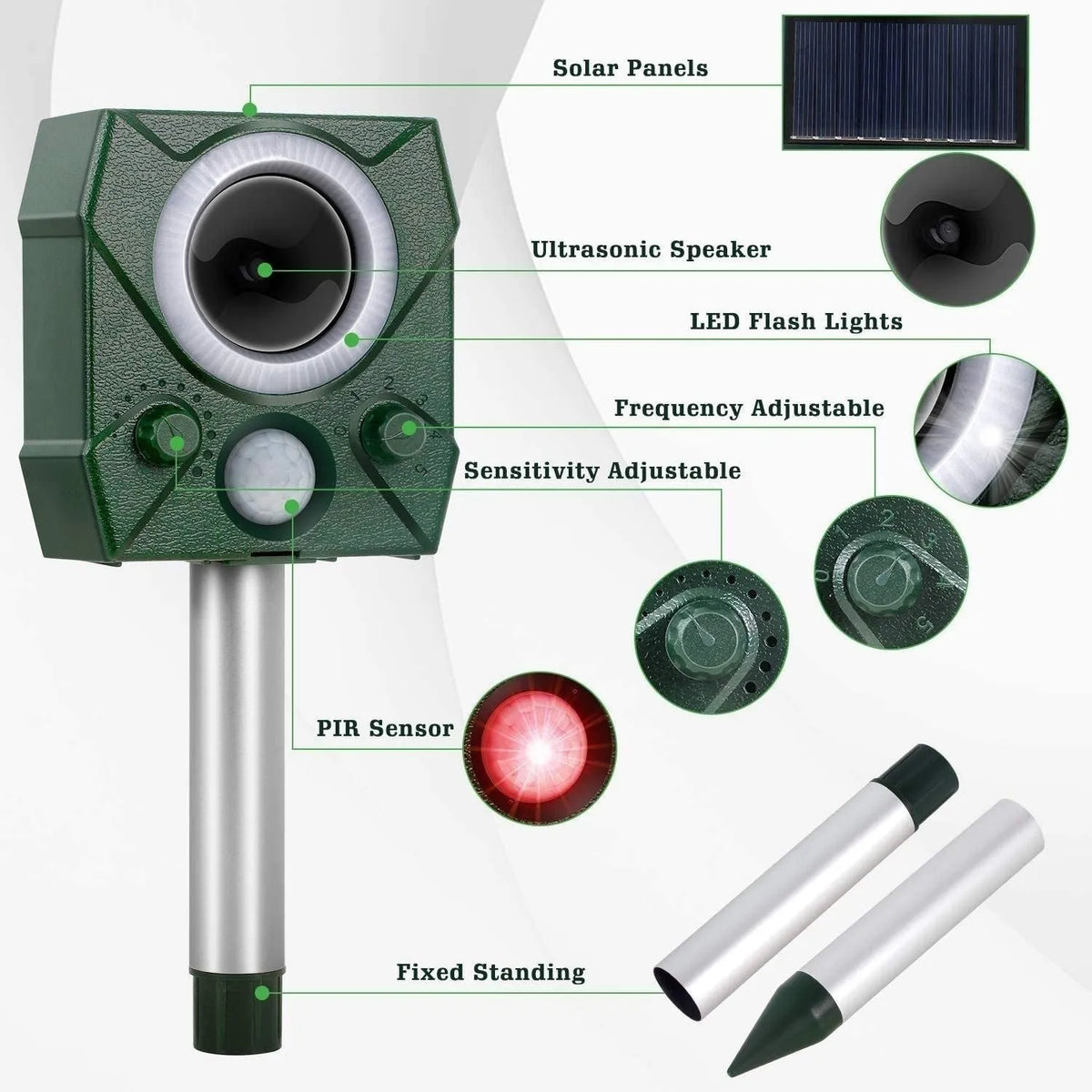 Ultrasonic solar bird repeller with ABS housing in outdoor garden setting
