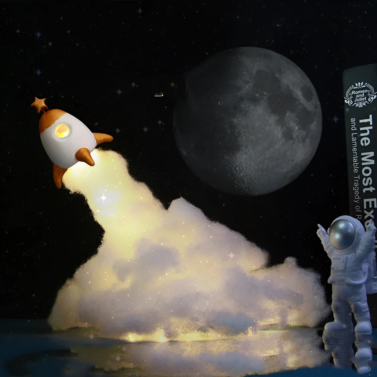 DIY astronaut rocket night light kit components with LED string lights and 19cm circular base