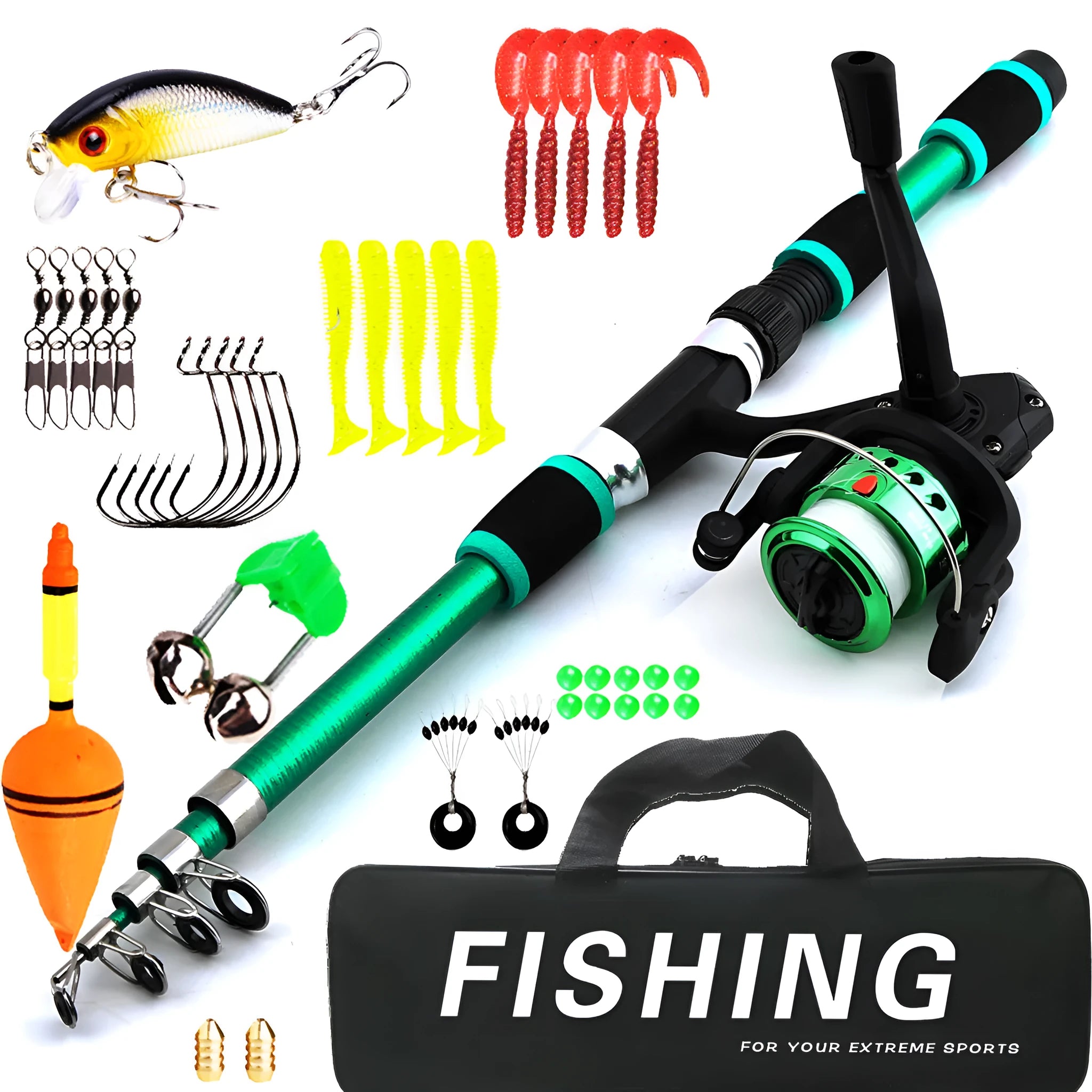 Children's fishing rod set with pole, wheel and bait accessory box in multiple colour options