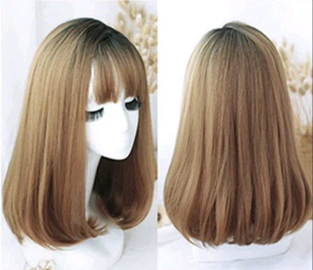 50cm long straight wig with air bangs in high temperature fibre, suitable for any skin tone