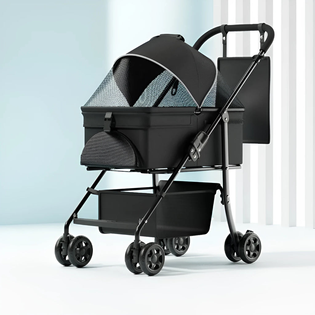 Black folding pet cart with removable frame and large transport capacity