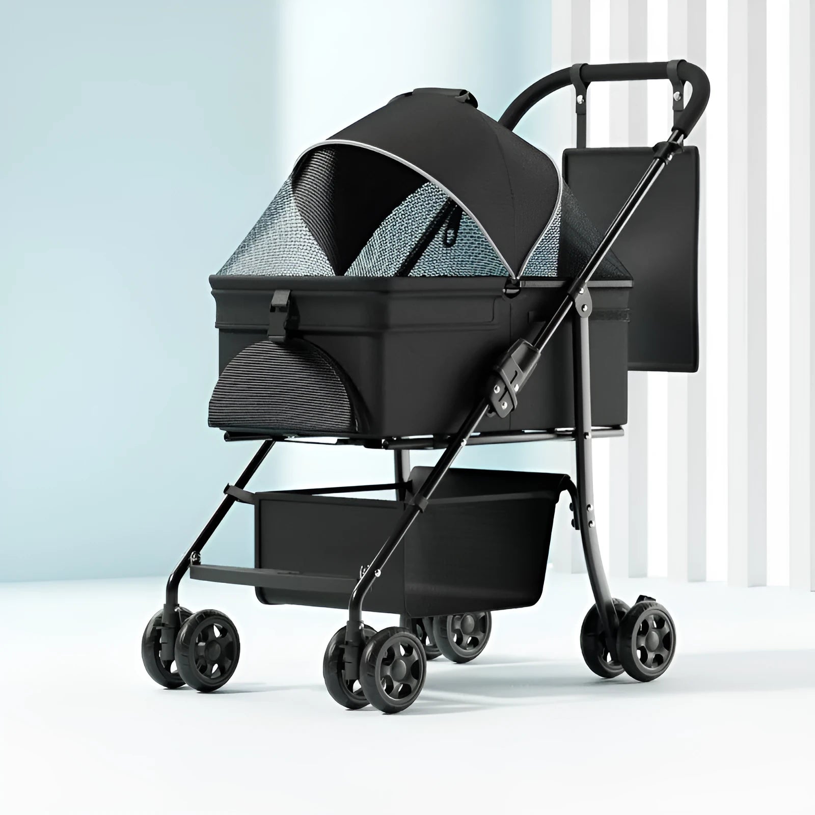 Black folding pet cart with removable frame and large transport capacity