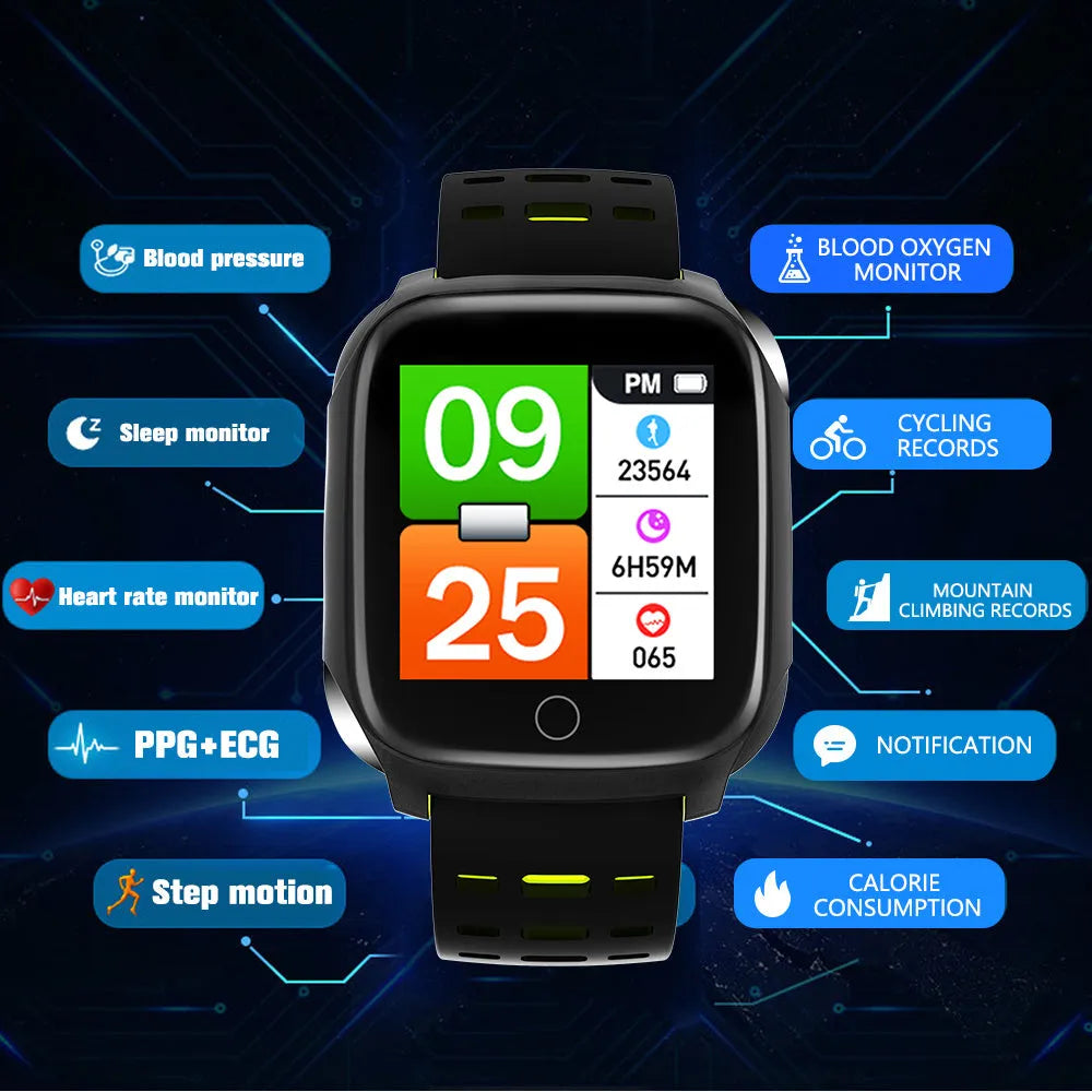 F16 smart watch with black and green silicone strap displaying health metrics on its screen.