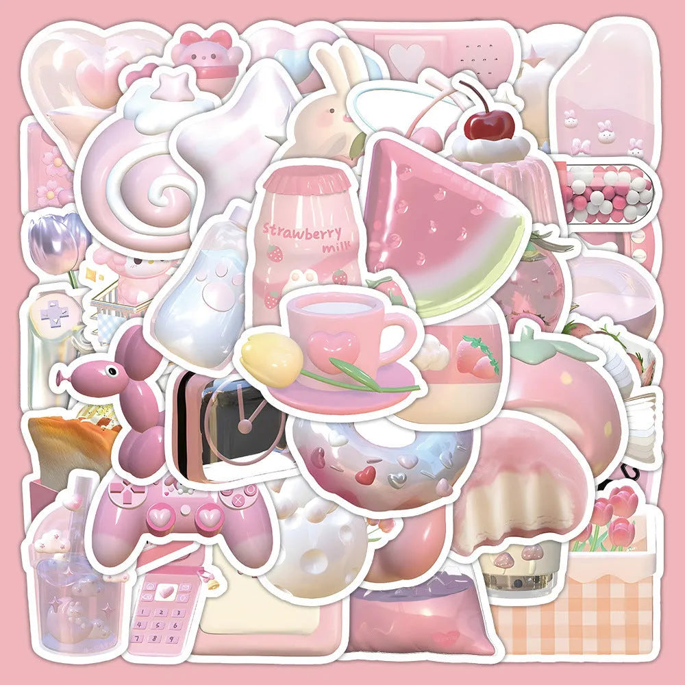 Pink girl heart 3D decorative stickers in light colours with realistic printing for craft and journal projects