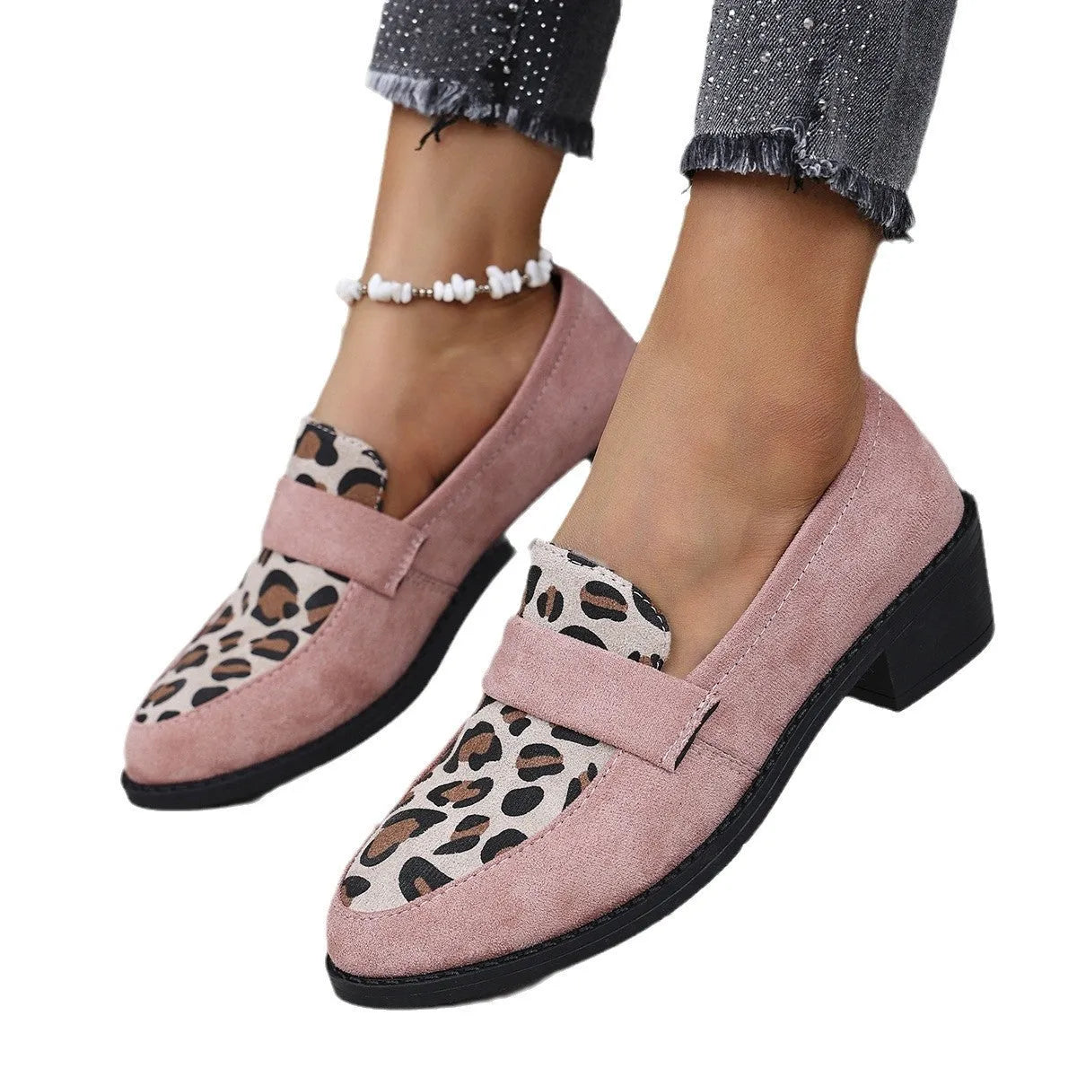 Leopard print suede slip-on shoes with chunky mid heel and pointed toe in brown, khaki, and pink
