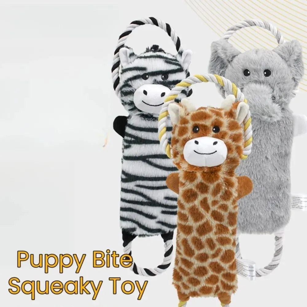 Plush dog toy shaped like zebra with rope and squeaker on white background
