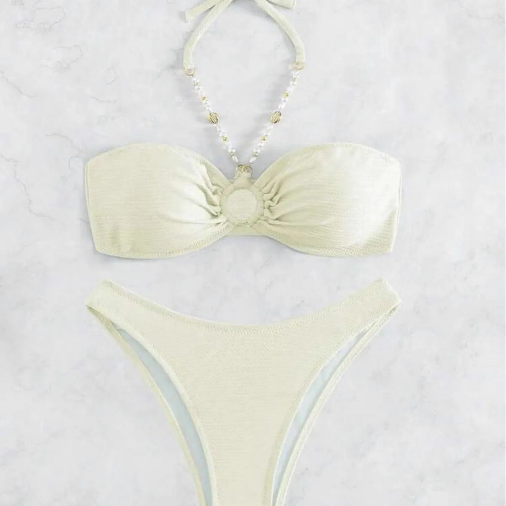Women's halter neck bikini set in solid colour for swimming and beach wear