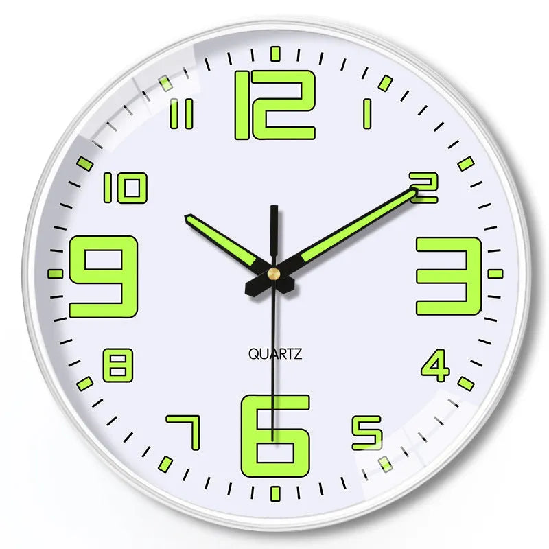 8 inch luminous wall clock with modern white plastic shell on a wall.