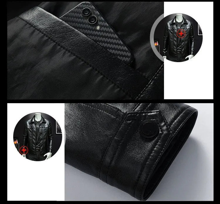 Men's spring autumn polyester workwear leather jacket black front view