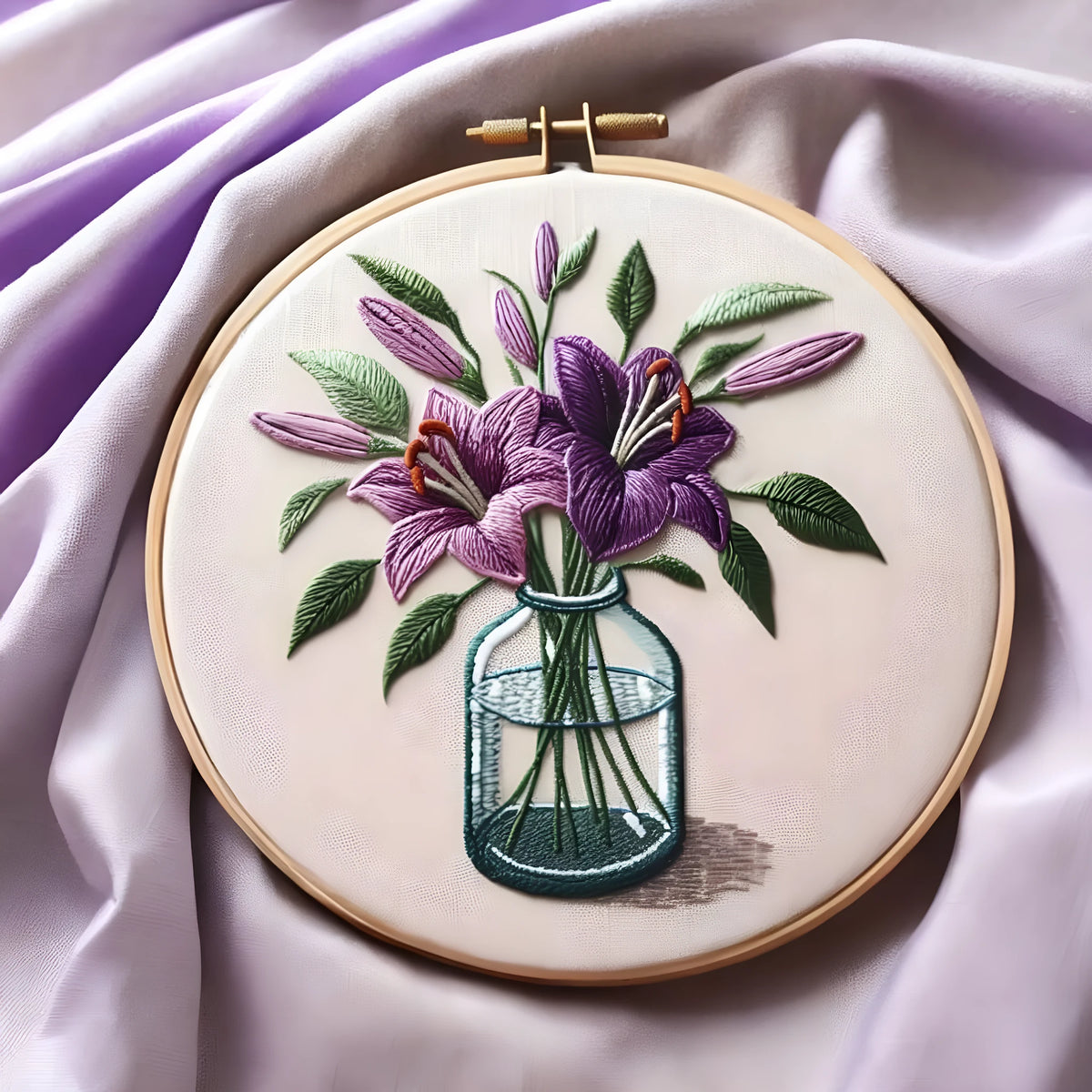 Purple lily flower embroidery on 28x28cm cotton linen cloth with 20cm imitation bamboo frame stand