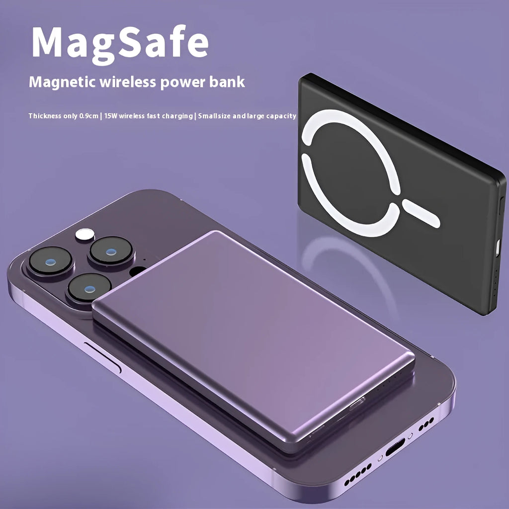 Ultra-thin magnetic power bank in alloy shell showing four colour options and compact dimensions