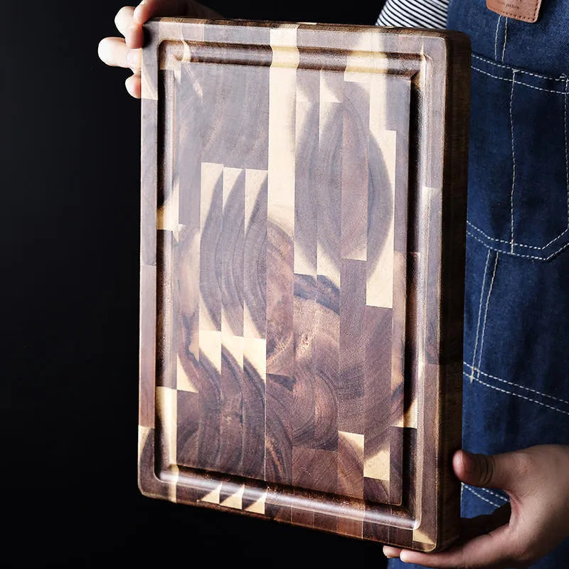 Brown acacia wood kitchen cutting board showing wood grain and 3cm thickness.