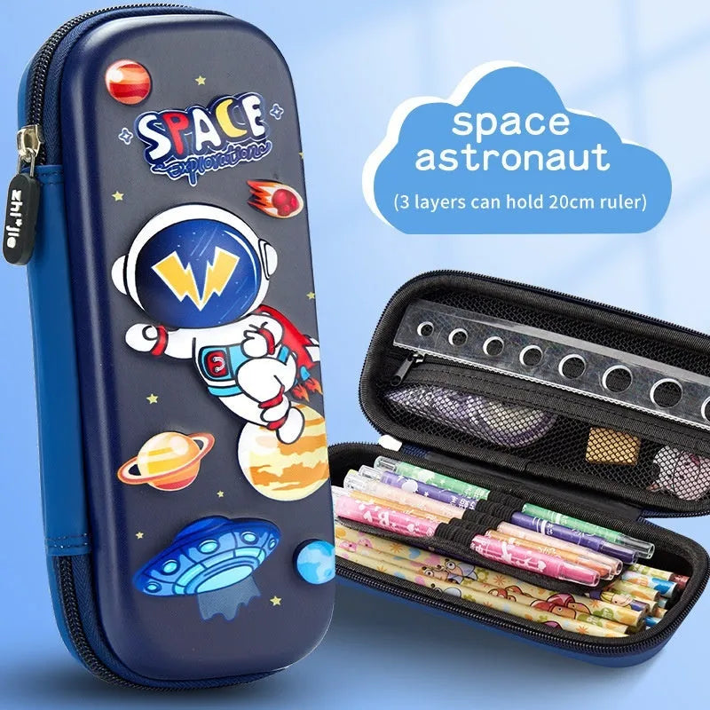 3D leather pencil case showing multiple design options including space, fantasy and animal themes