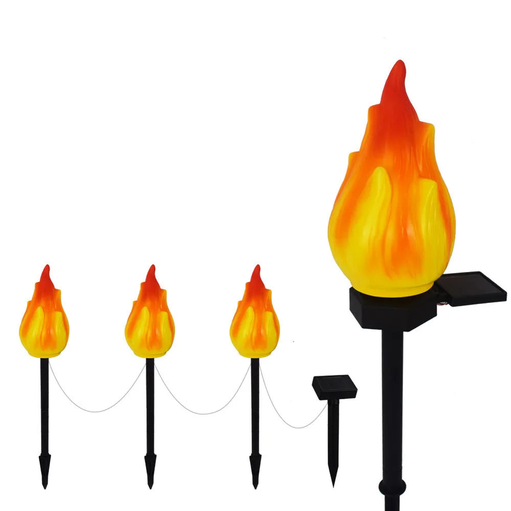Solar simulation flame lamp with wrought iron frame and yellow flame effect in garden courtyard