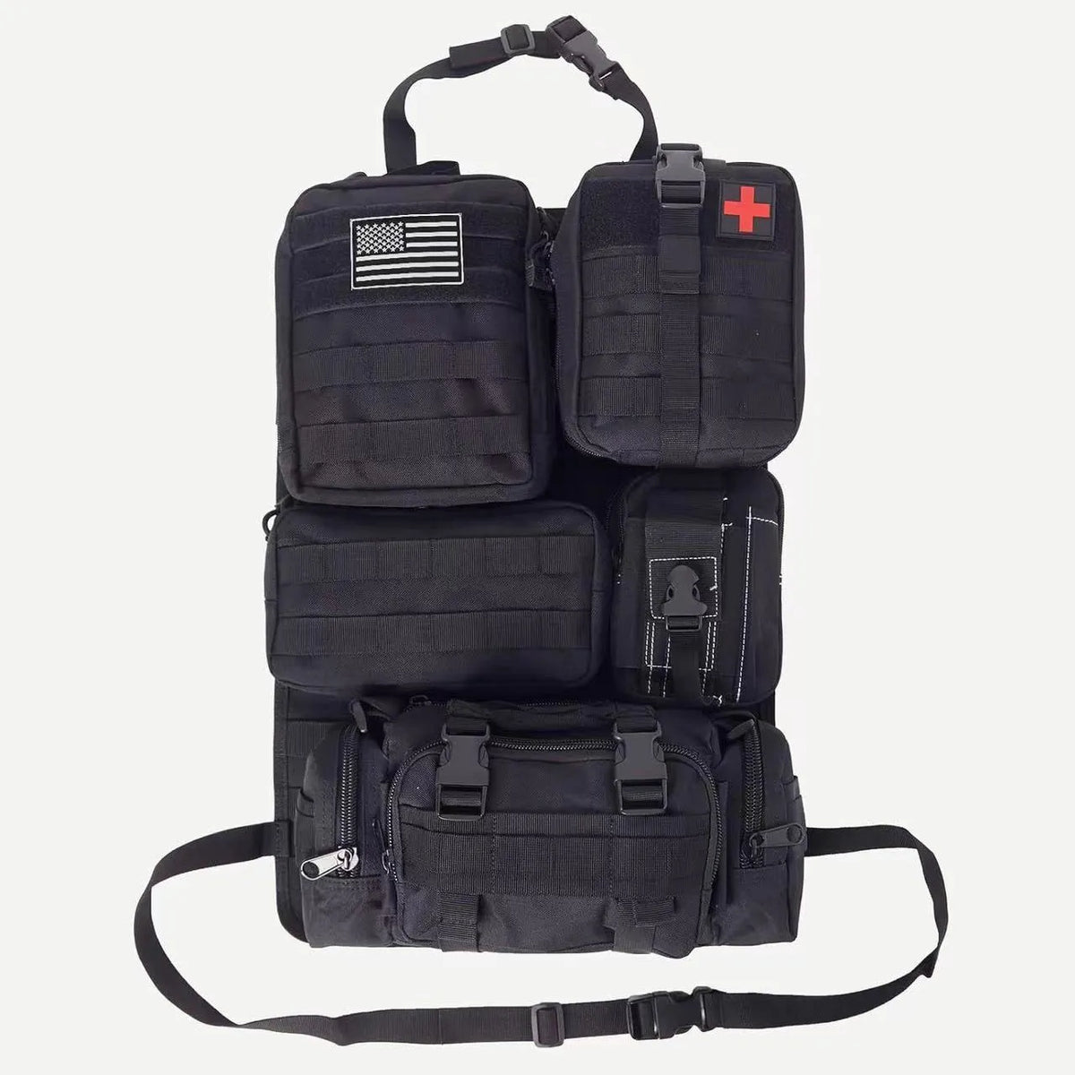 Six-piece car rear storage bag set in black, army green or khaki fabric with hanging handle