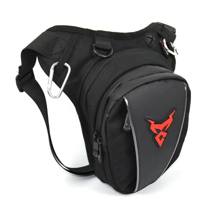 0105MC motorcycle leg bag in 1200D Oxford cloth shown in red, blue, green, and grey colour options