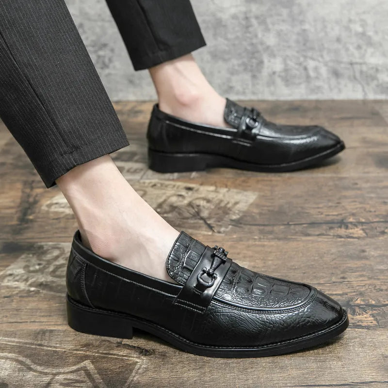 Men's black pointed toe slip-on formal shoes with belt buckle, artificial PU upper, low-top wedding groom's footwear