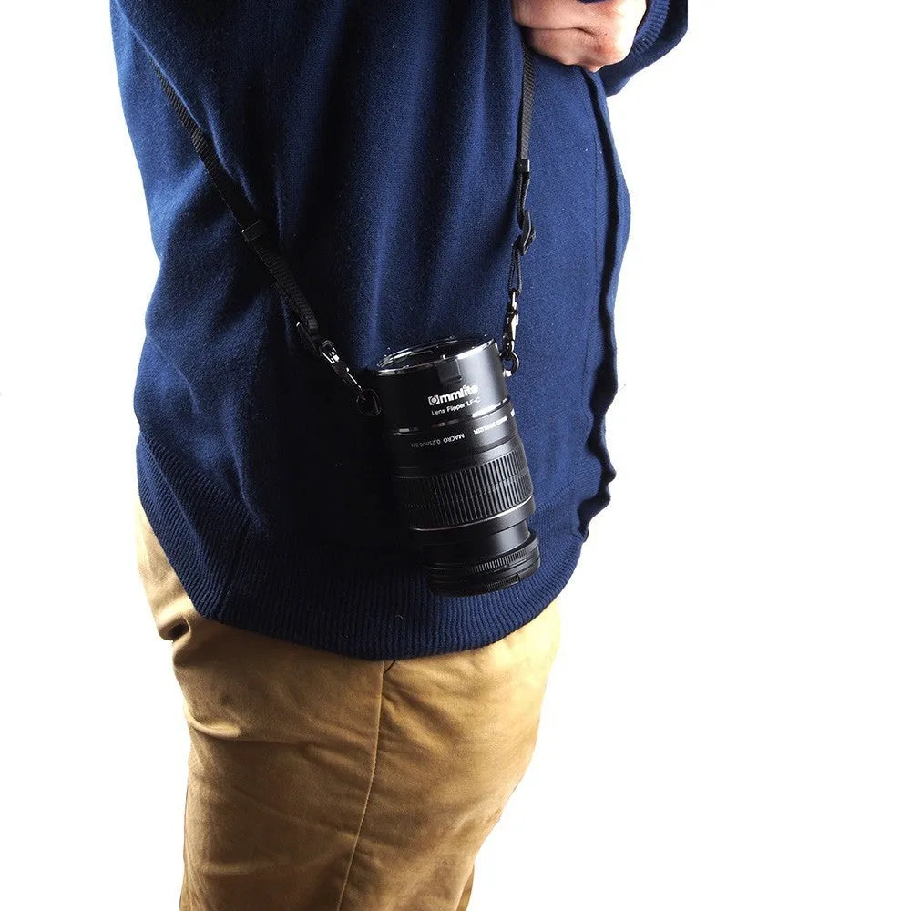 Aluminium camera lens flipper holder for Sony E-Mount with cotton shoulder strap
