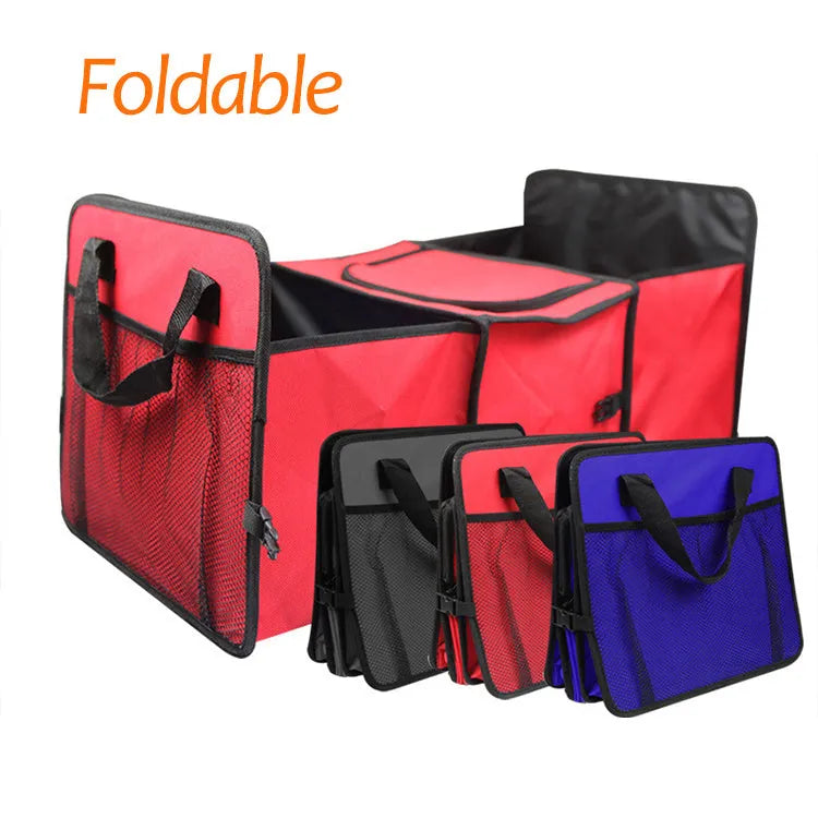 Foldable Oxford cloth car boot organiser in blue or red, unfolded size 57 x 31 x 39 cm.