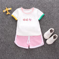 Boys' 100% linen short sleeve suit set with cartoon embroidery, available in nine colours and sizes 80cm to 120cm.