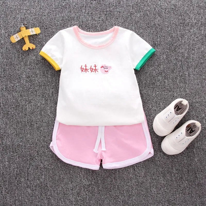 Boys' 100% linen short sleeve suit set with cartoon embroidery, available in nine colours and sizes 80cm to 120cm.