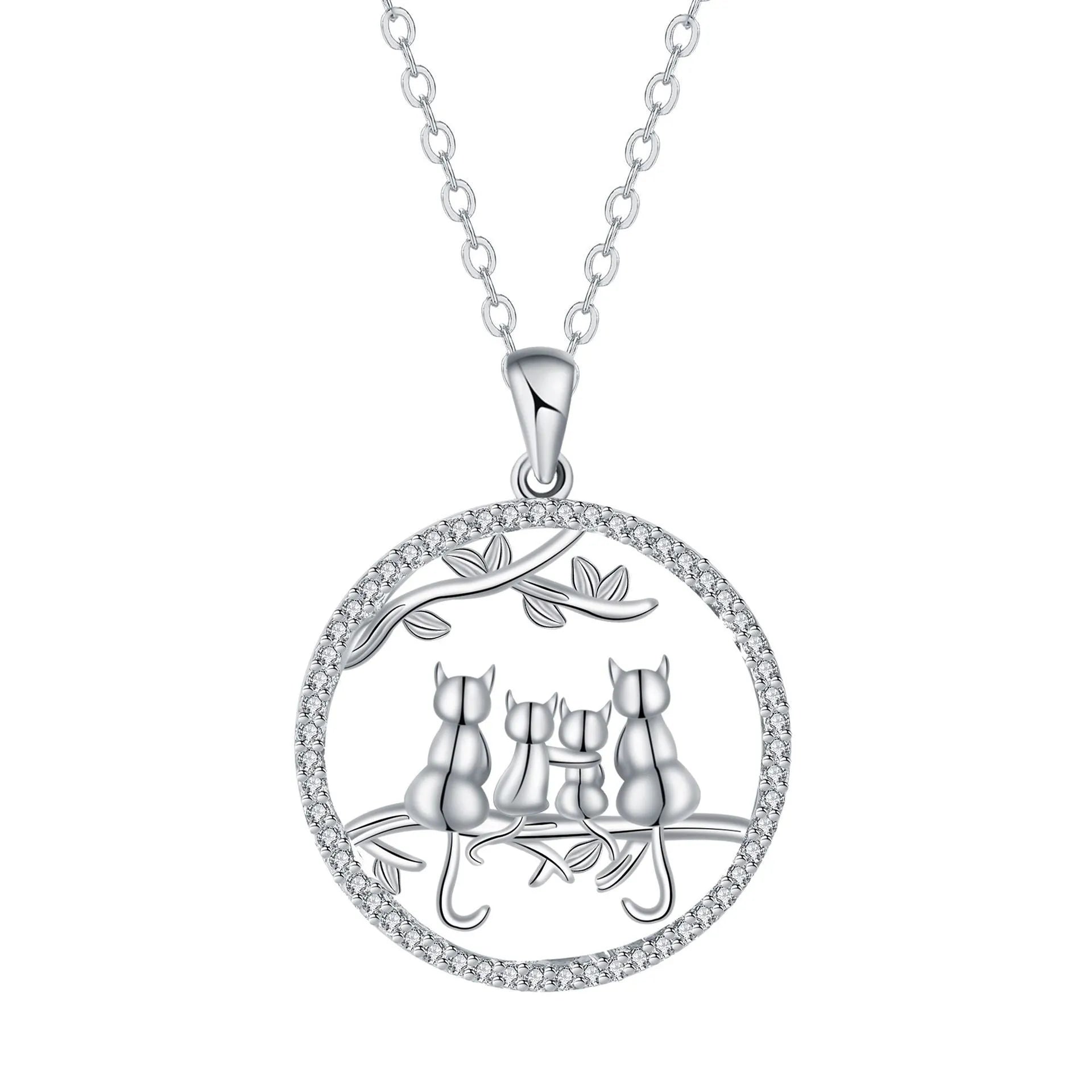 Copper cat pendant necklace with four kitten design and cross chain