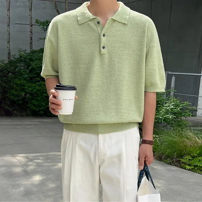 Men's caramel coloured retro knitted polo shirt with short sleeves and asymmetric design detail