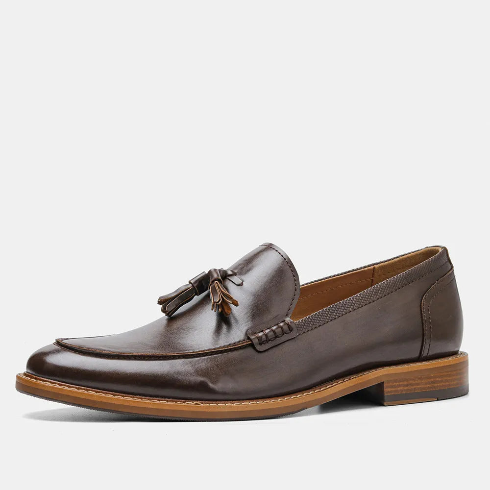 Wood grain tassel loafers, low-top slip-on formal shoes with leather toe cap, PU upper, men's footwear