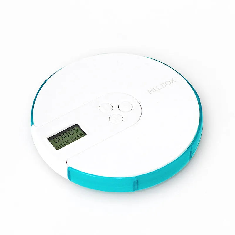 Seven-compartment electronic pill dispenser with alarm clock display showing timer settings