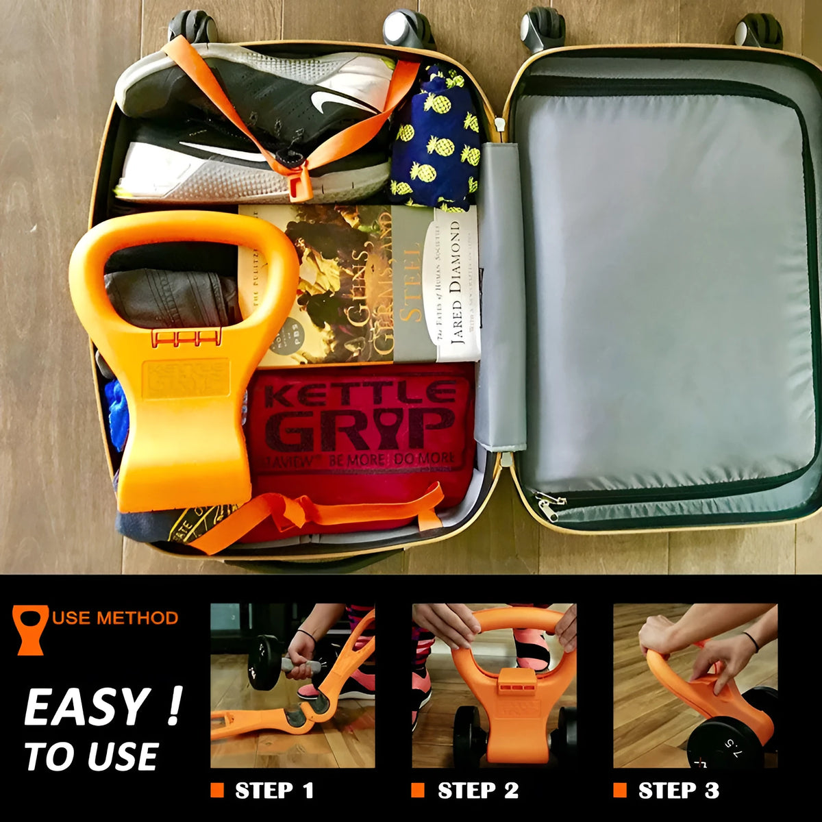 Adjustable kettlebell handle dumbbell converter clip in Photo Colour, ABS and EVA fitness accessory.