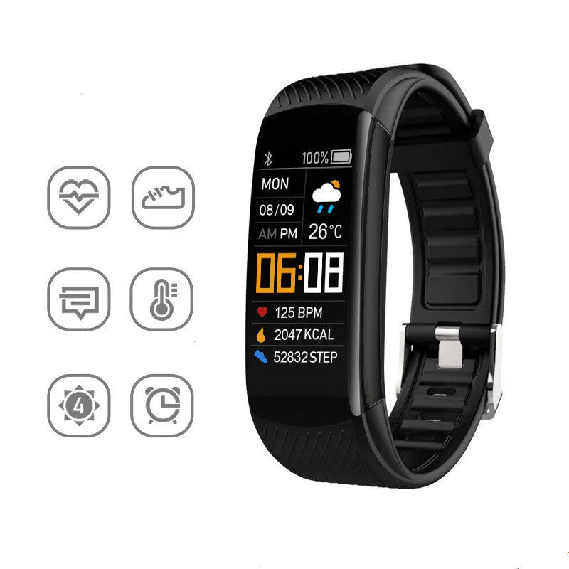 Black TPU sports pedometer bracelet with 0.96-inch screen displaying fitness metrics